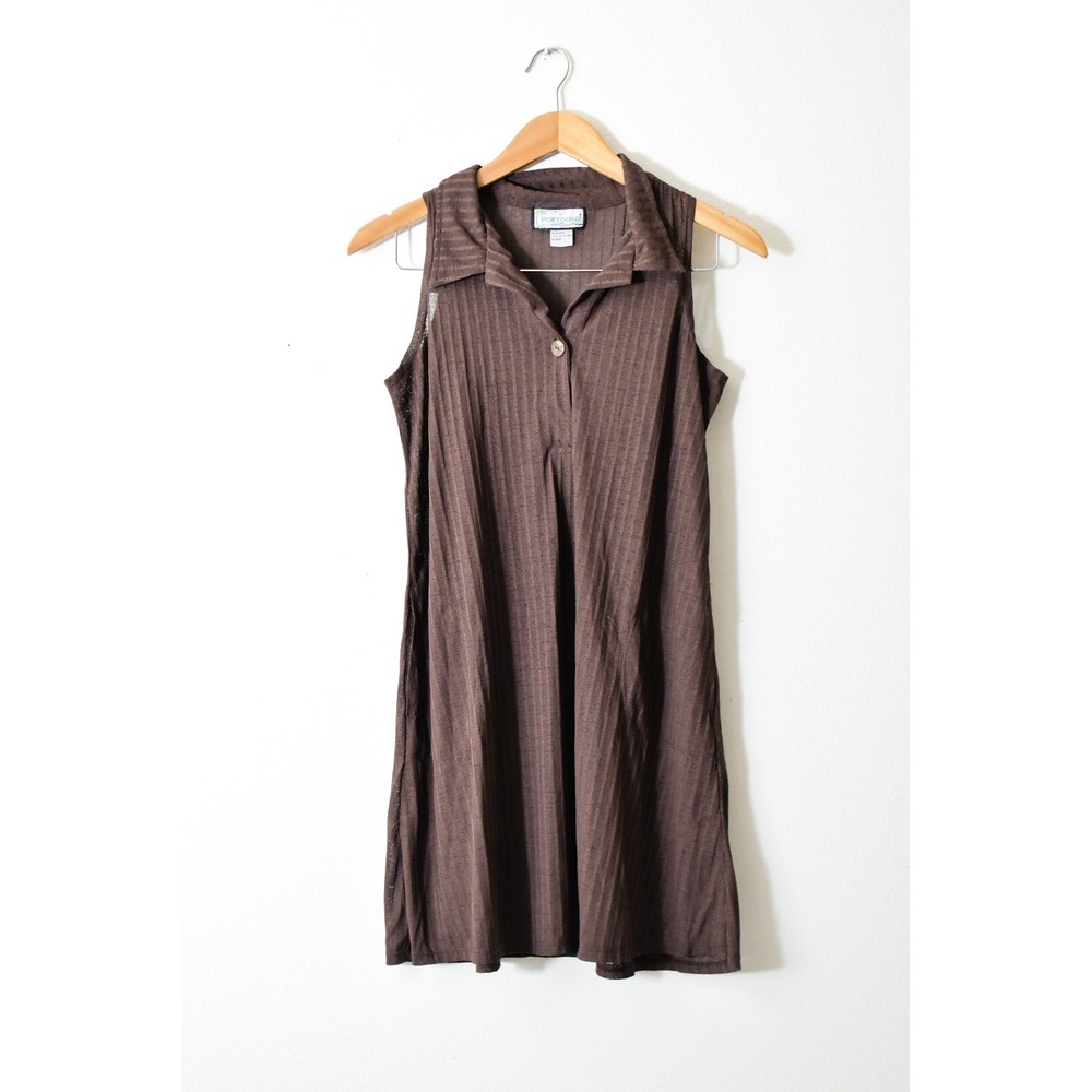 Portocruz Mini Dress Womens Medium Brown Excellent Ribbed Sleeveless Polo Collar
